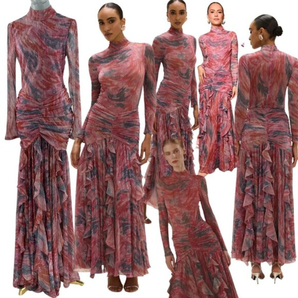 🆕 PATBO 🧿 NWOT Twist Metallic Flutter Maxi Skirt, Pink - BR 40 US 8